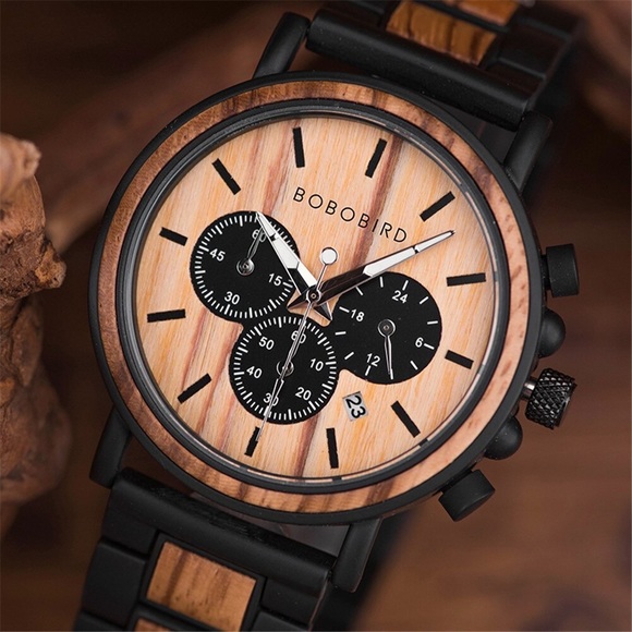 Luxury Zebra and Ebony Wood Chronograph Military Quartz Watch - Picture 3 of 16